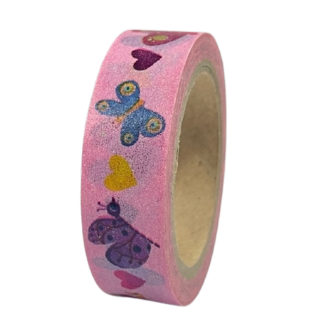 Masking tape roze karikatuur vlinders 15mm p/10m 