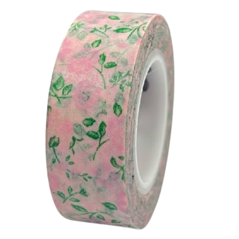 Masking tape roze bloem en blad 15mm p/10m 