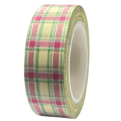 Masking tape  geel/roze grote ruit 15mm p/10m
