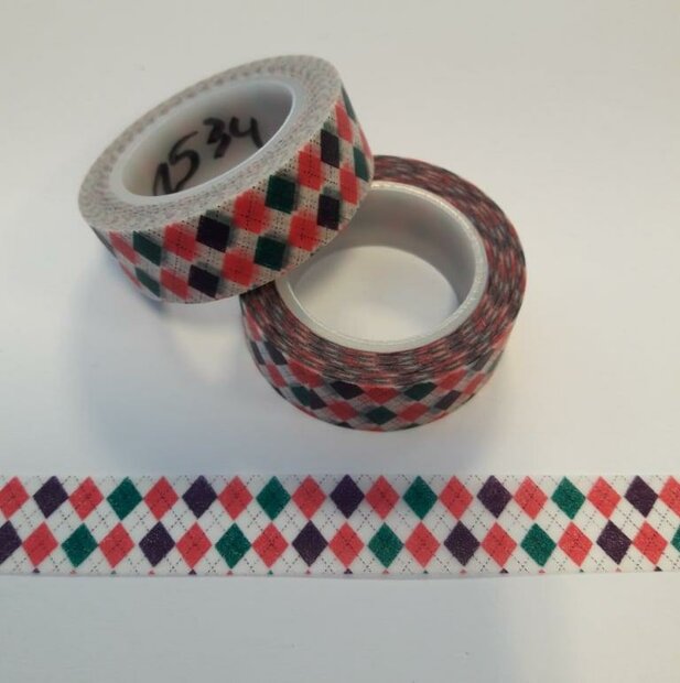 Masking tape groen/roze schotse ruit 15mm p/10m 