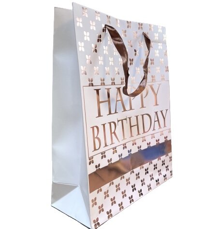 Draagtas bloem happy birthday 26x10x32cm ros&eacute; goud p/st