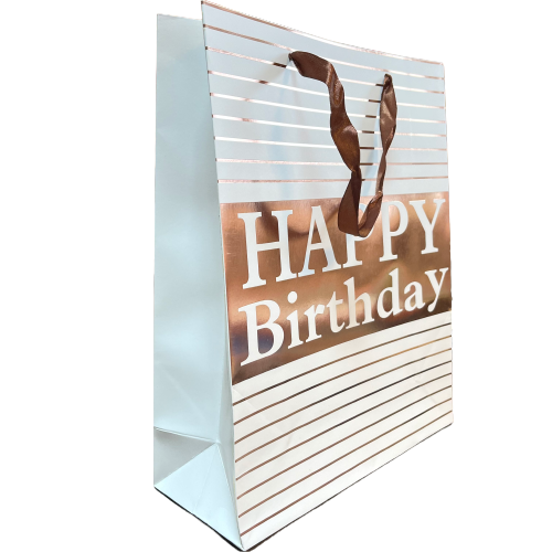 Draagtas streep happy birthday 26x10x32cm ros&eacute; goud p/st