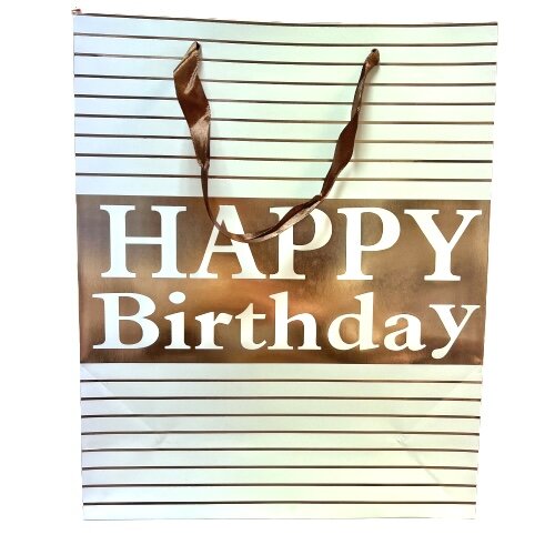 Draagtas streep happy birthday 26x10x32cm ros&eacute; goud p/st