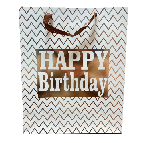 Draagtas zigzag happy birthday 26x10x32cm ros&eacute; goud p/st