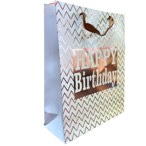 Draagtas zigzag happy birthday 26x10x32cm ros&eacute; goud p/st