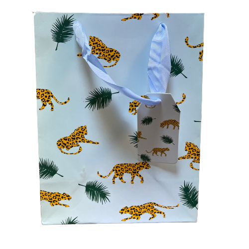 Draagtas lichtblauw luipaard 18x10x23cm p/st