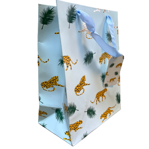 Draagtas lichtblauw luipaard 18x10x23cm p/st