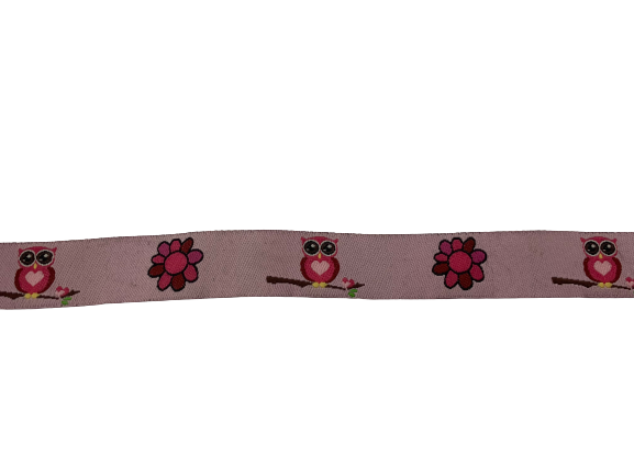Lint roze 15mm p/mtr uil op tak met bloem gewoven