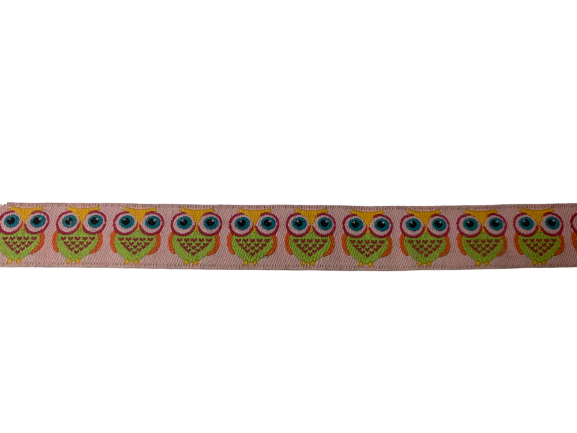 Lint roze/geel uil 15mm p/m gewoven