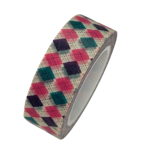 Masking tape groen/roze schotse ruit 15mm p/10m 