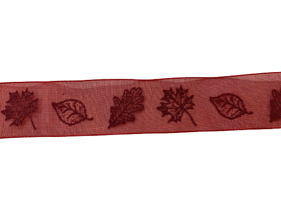 Lint rood organza herfstbladeren 25mm p/mtr