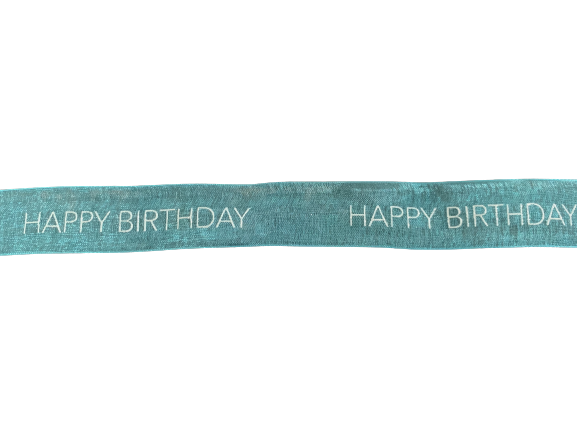 Lint aquablauw Happy birthday 25mm p/mtr