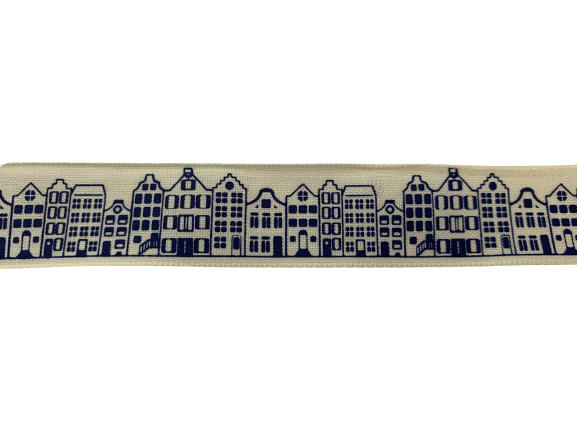 Lint creme canal huisjes 25mm p/mtr delftsblauw
