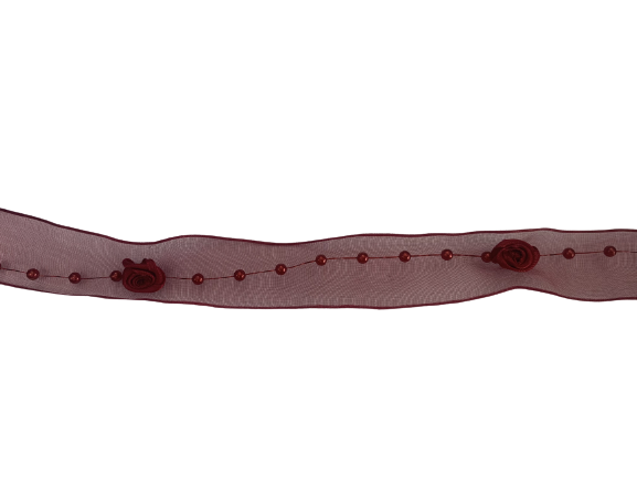 Lint bordeaux organza rozen 25mm p/mtr Parel met draad 