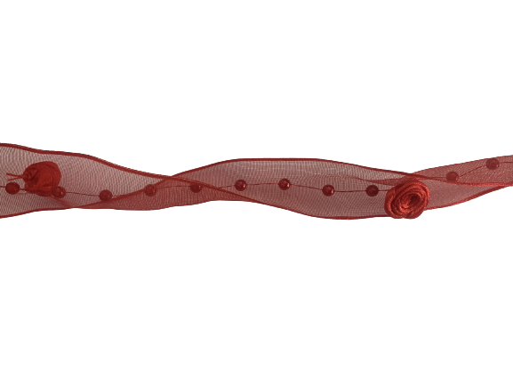 Lint rood organza rozen 25mm p/mtr Parel met draad 