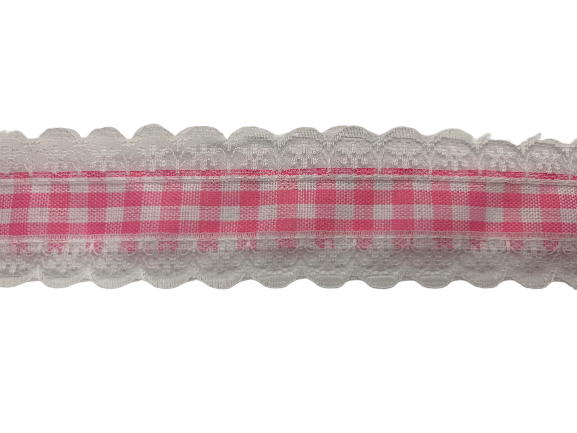 Lint roze ruit met kant 30mm p/mtr 