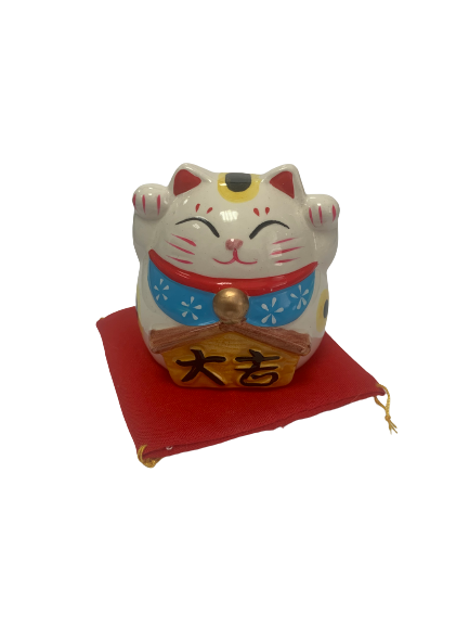 Lucky cat blauw steen tekst 6x6cm p/st spaarpot