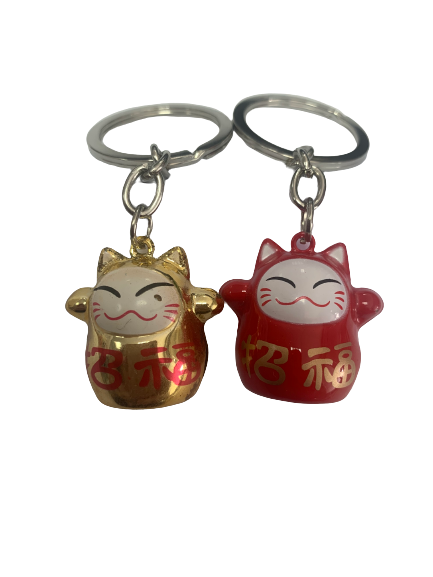 Hanger Lucky cats goud 2x2cm met bel rond