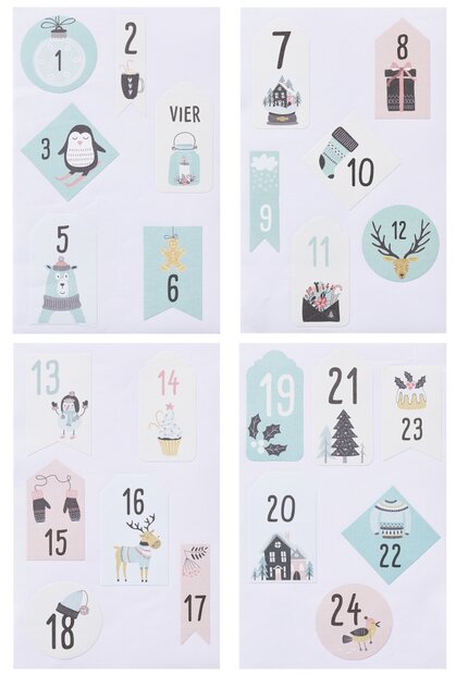 Stickers Adventcijfers pastelkleuren motieven p/set