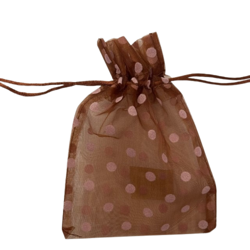 Zakken bruin met roze stip 10x15cm p/st organza 