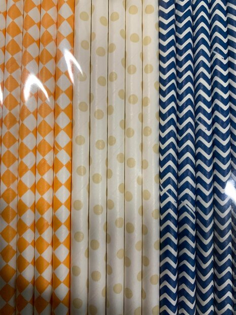 Rietjes assorti harlekijn oranje/ stip creme/ chevron blauw p/15st