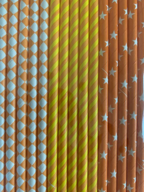 Rietjes assorti oranje harlekijn/ streep geel/ ster oranje p/15st