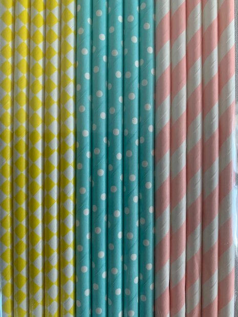 Rietjes assorti geel chevron/blauwe stip/roze streep p/15st