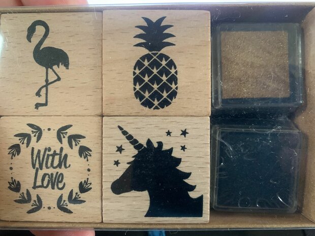 Stempelset flamingo ananas p/4st hout + inkt