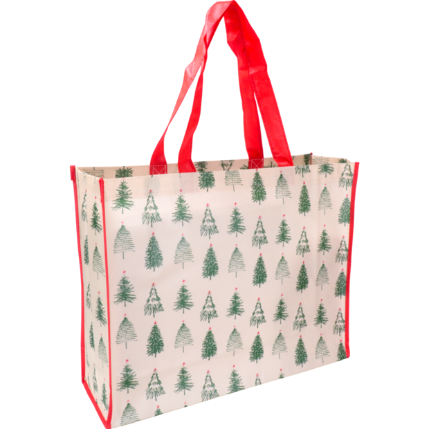 Tas shopper wit met vintage kerstbomen 45x15x36cm p/st