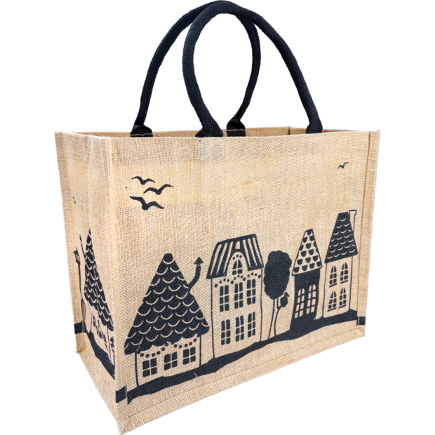 Draagtas huisjes 43x20x34cm p/st Jute